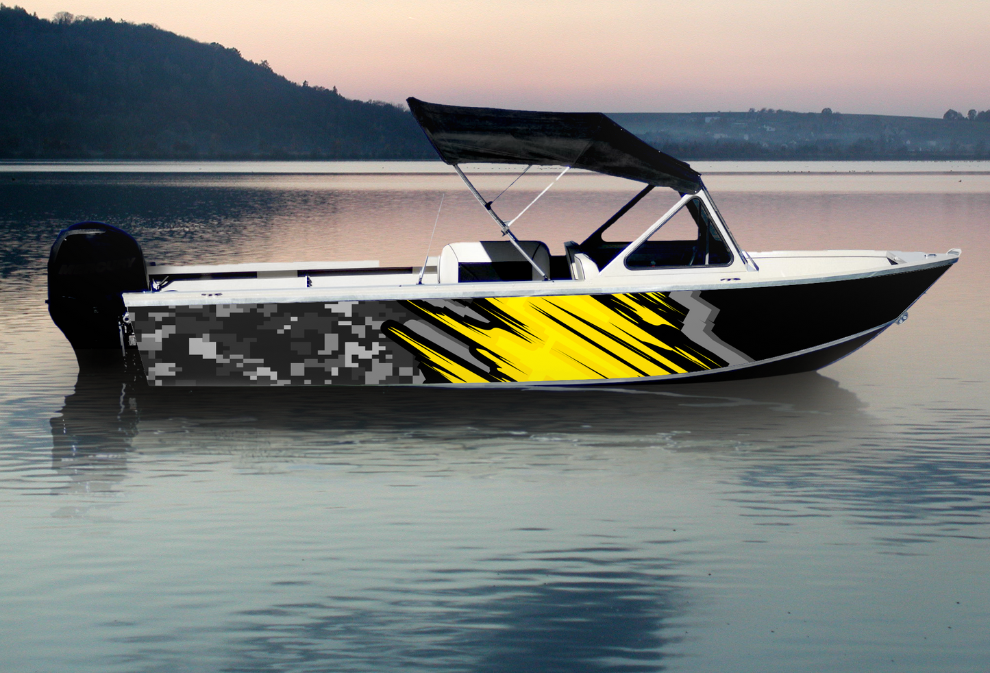 Gray Digital Camo Yellow Streak | Aluminum Boat Wrap
